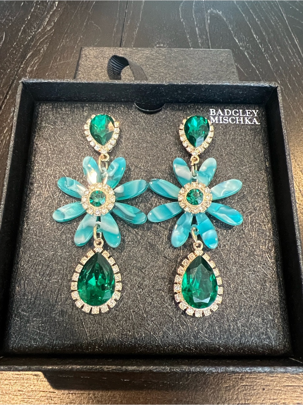 Badgley Mischka Emerald and Teal Floral Drop Earrings